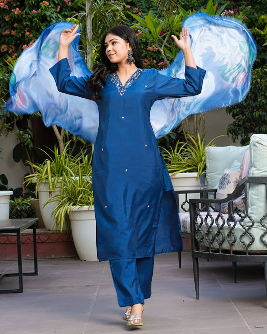Pure Blue Color Cotton Silk Kurti Pant Set For Bridesmaid Office Party Casual Wear