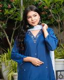 Pure Blue Color Cotton Silk Kurti Pant Set For Bridesmaid Office Party Casual Wear