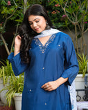 Pure Blue Color Cotton Silk Kurti Pant Set For Bridesmaid Office Party Casual Wear