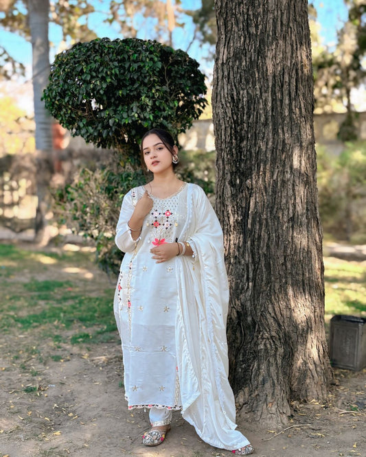 Anju Embroidery Work Kurta Set With Bottom & Dupatta