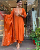 Anujha Silk Embroidery Work Kurta Set With Bottom & Dupatta