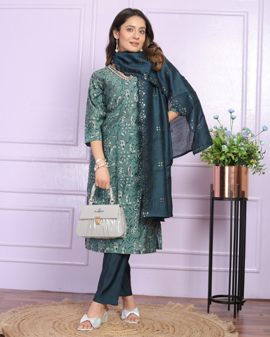 Rich Model Rama Green Color Silk Kurti Pant Set