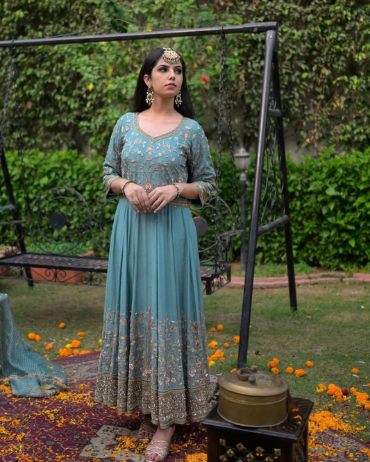 Sea Green Premium Designer Anarkali Gown Set