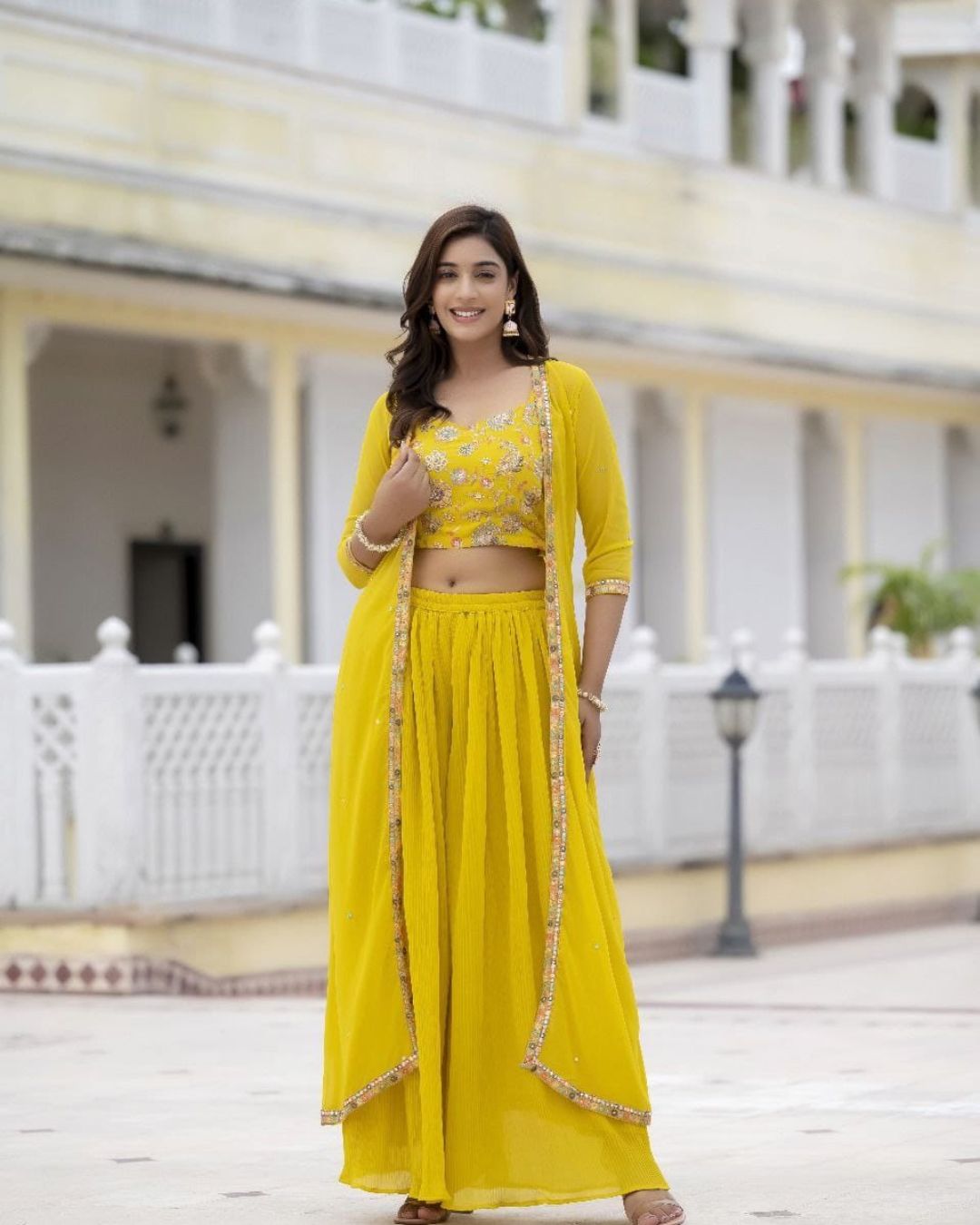 Embroidered Choli And Shrug With Flared Palazzo