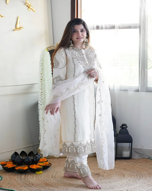 Ivory Color Heavy Chinon Silk Kurti Set