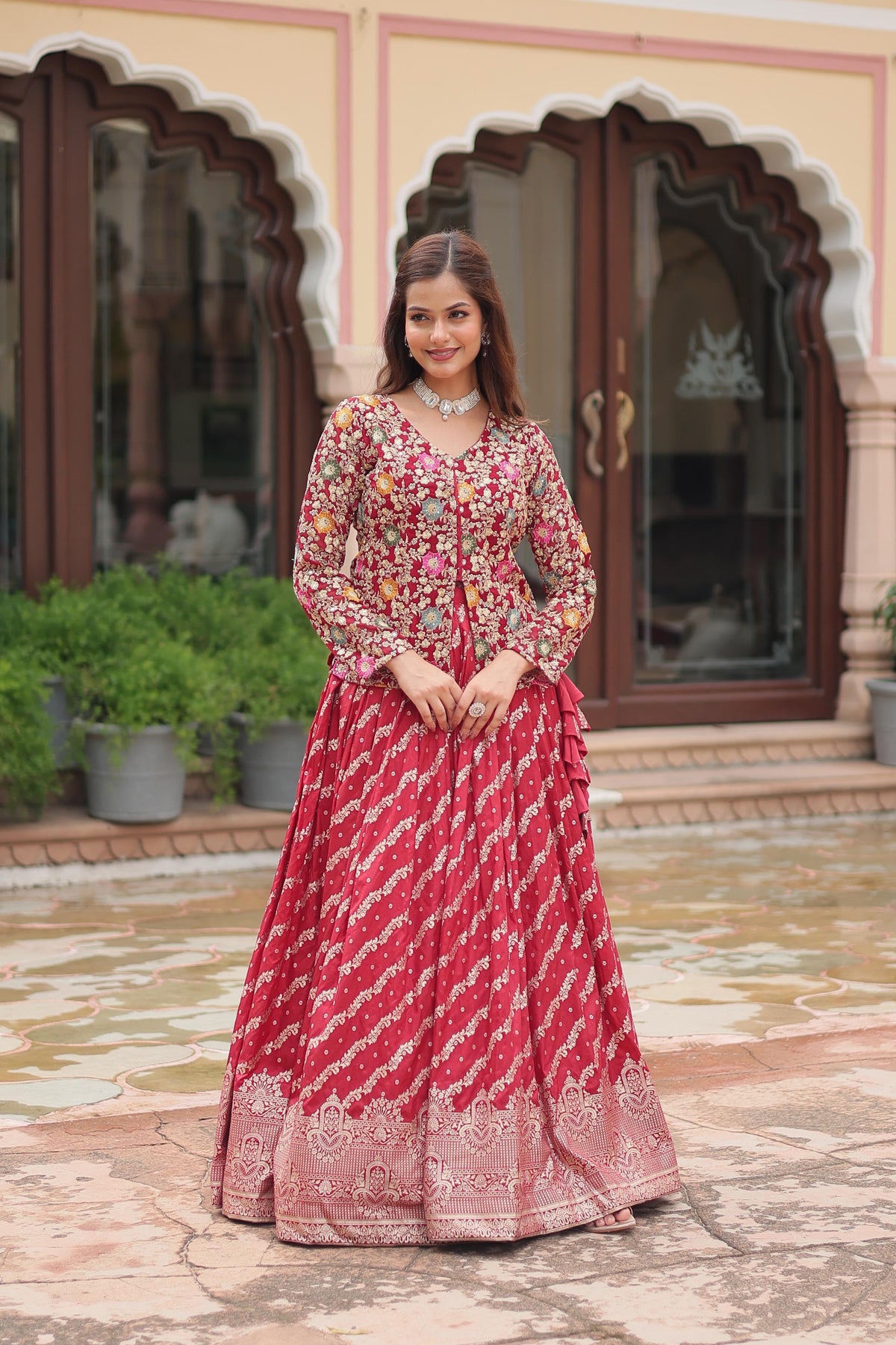 Fashionable Rich Thread Embroidered Blouse With Viscose Lehenga