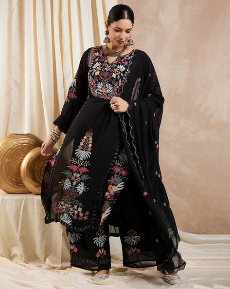 Designer Black Color Embroidery Kurti Pant Set