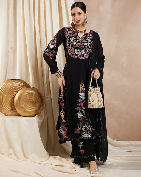 Designer Black Color Embroidery Kurti Pant Set