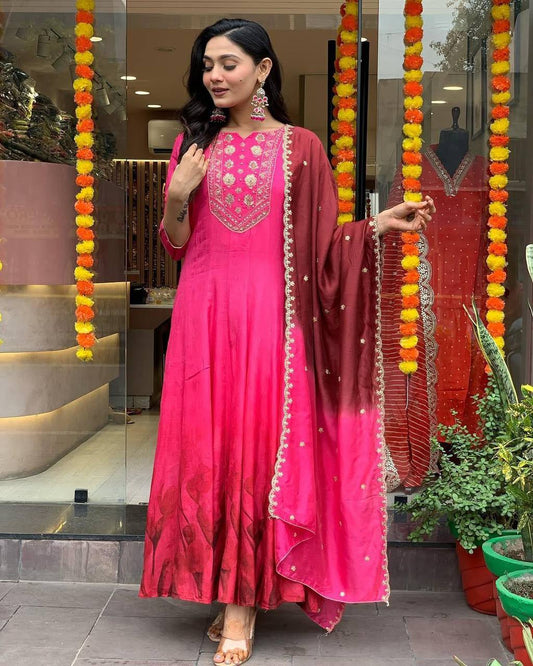 Premium Trendy Color Chinon beautiful Anarkali Gown Set