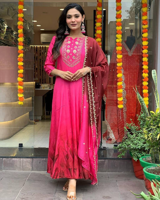 Premium Trendy Color Chinon beautiful Anarkali Gown Set