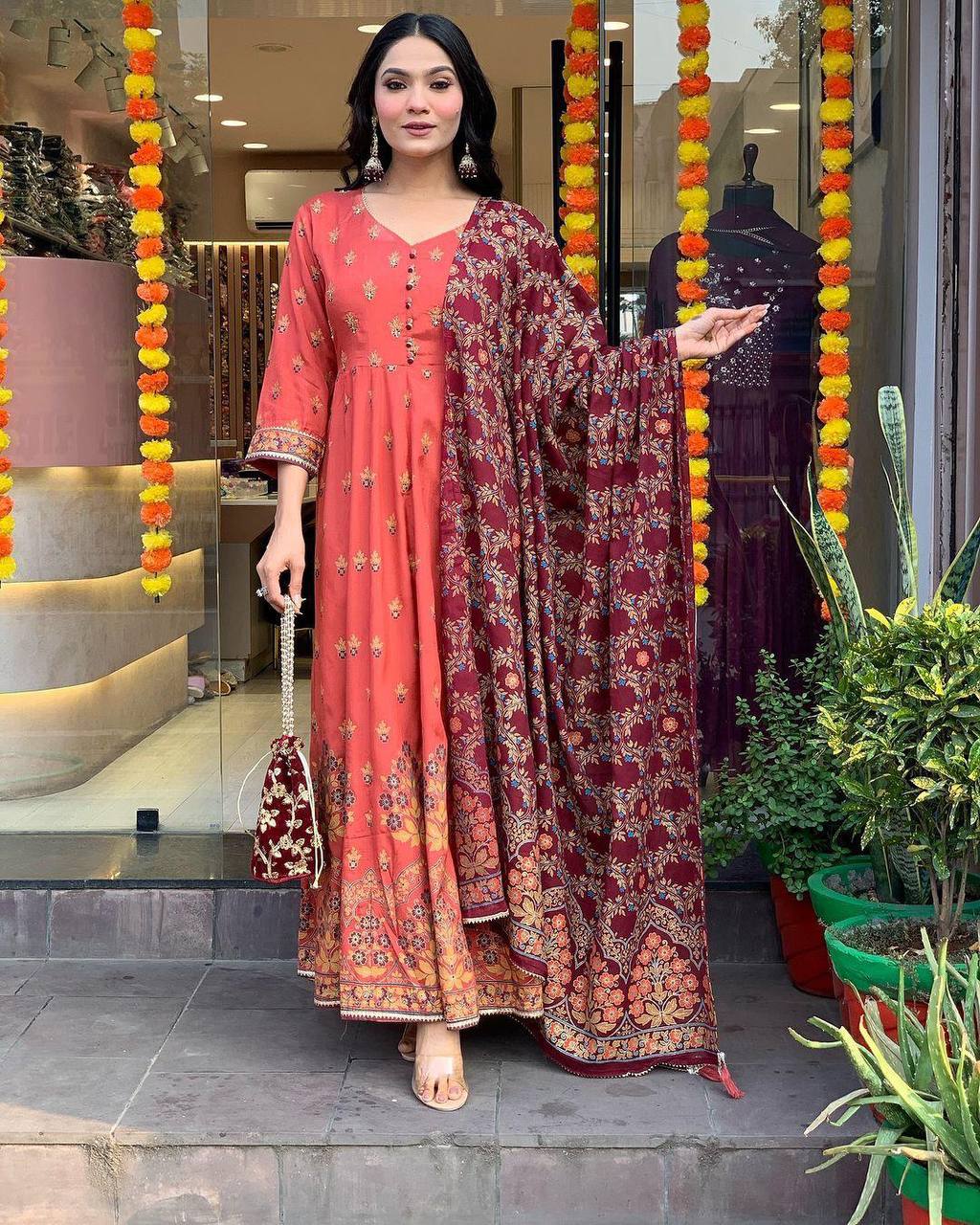 Premium Orange beautiful Heavy Lightweight Flowing Suit Set