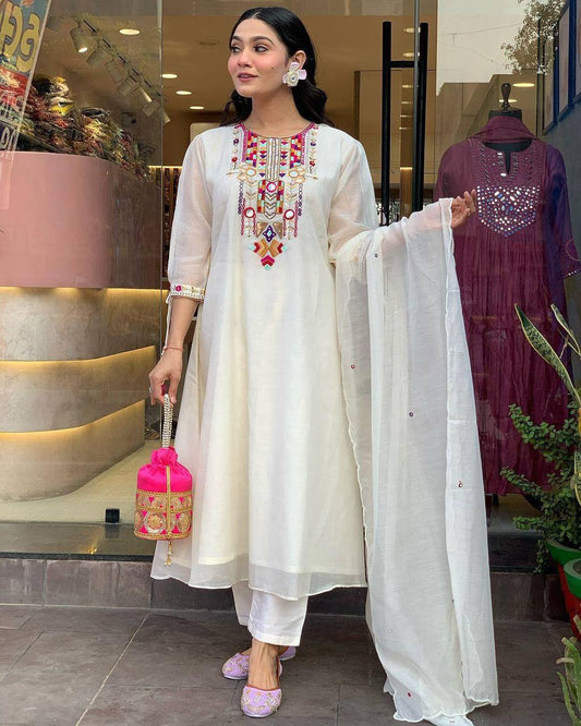 Premium Chanderi beautiful Heavy Embroidery Suit Set