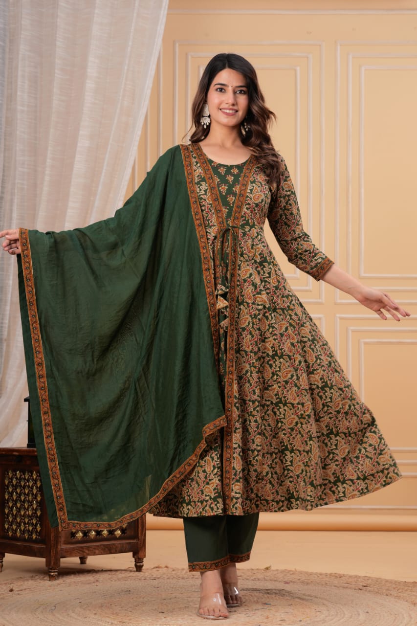 Two layer Style Green Color Anarkali Kurti With Pant and Dupatta Set