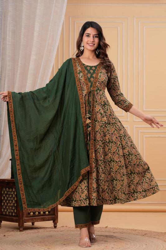 Two layer Style Green Color Anarkali Kurti With Pant and Dupatta Set