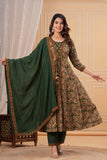 Two layer Style Green Color Anarkali Kurti With Pant and Dupatta Set