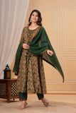 Two layer Style Green Color Anarkali Kurti With Pant and Dupatta Set