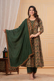 Two layer Style Green Color Anarkali Kurti With Pant and Dupatta Set