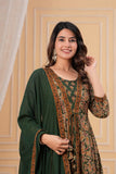 Two layer Style Green Color Anarkali Kurti With Pant and Dupatta Set