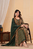 Two layer Style Green Color Anarkali Kurti With Pant and Dupatta Set