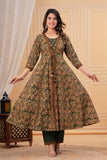Two layer Style Green Color Anarkali Kurti With Pant and Dupatta Set