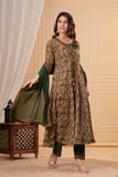Two layer Style Green Color Anarkali Kurti With Pant and Dupatta Set