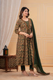 Two layer Style Green Color Anarkali Kurti With Pant and Dupatta Set