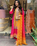 Multicolored bandhani print with Stone work and Dupatta