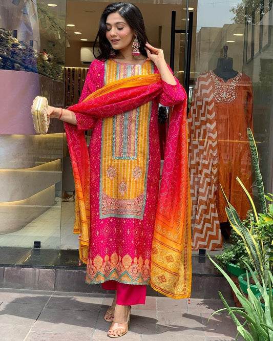 Multicolored bandhani print with Stone work and Dupatta