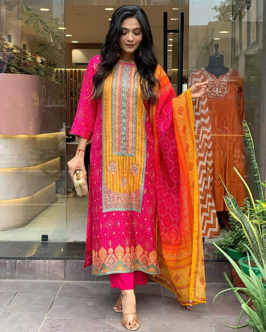 Multicolored bandhani print with Stone work and Dupatta