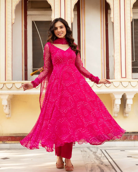 Pure Georgette Bandhani Anarkali Kurti Set