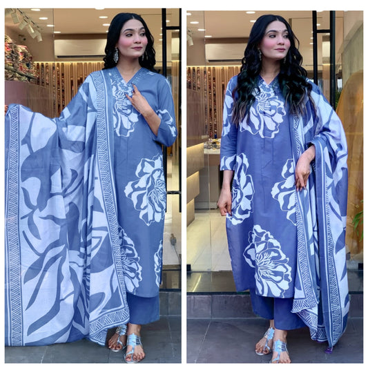 Printed Blue Cotton Beautiful Suit Set