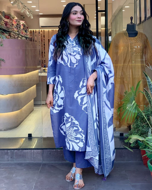 Printed Blue Cotton Beautiful Suit Set