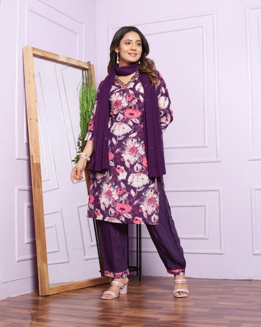 Pure Muslin Printed Silk Kurti Pant Set