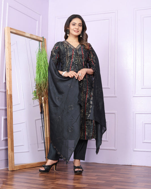 Cotton Printed Black Color Silk Kurti Pant Set