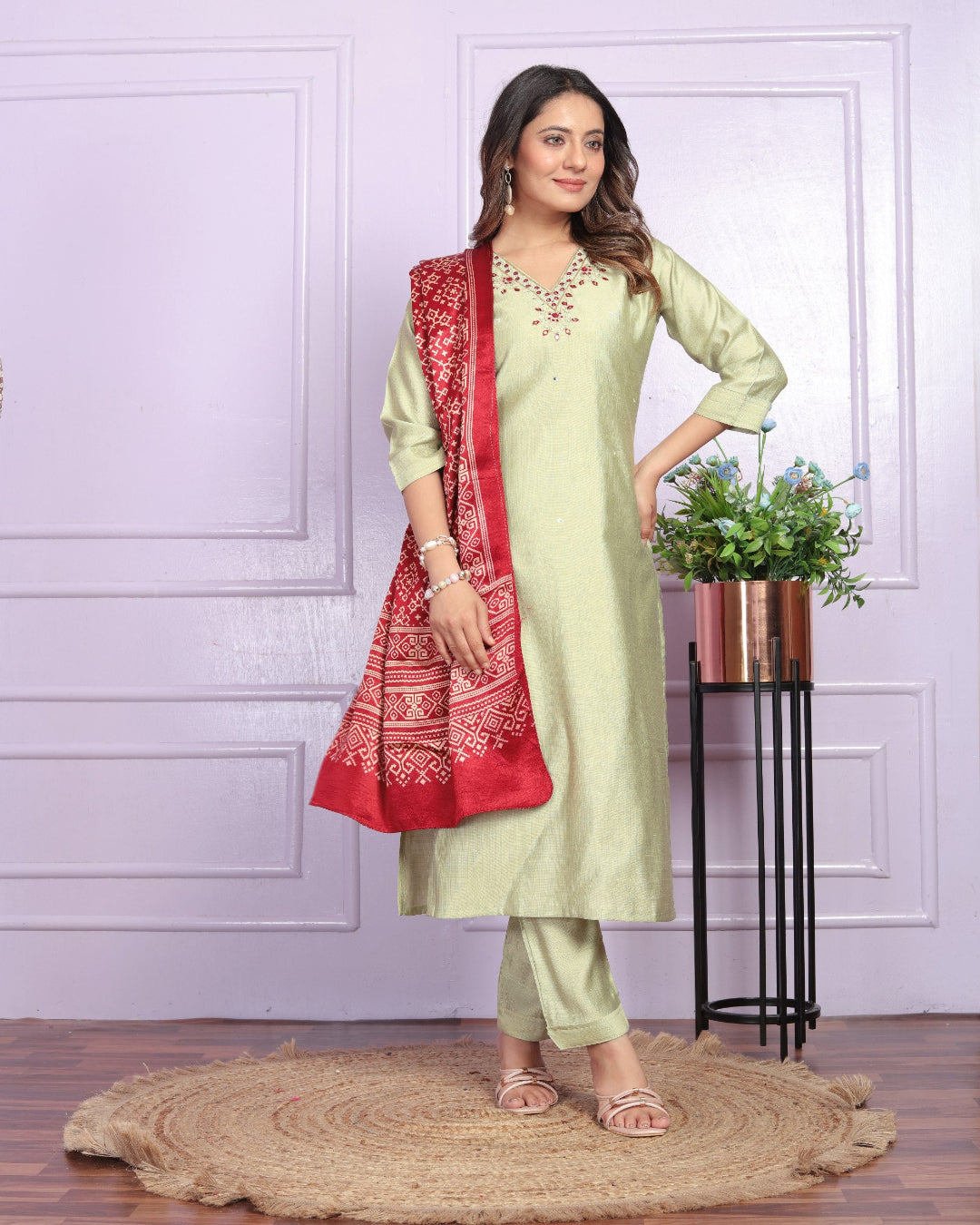 Cotton Pista Silk Kurti Pant Set