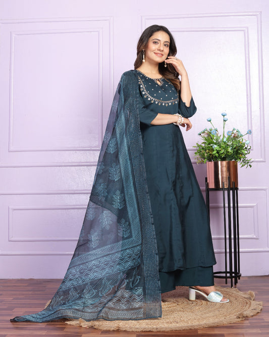Cotton Russian Silk Navy Blue Silk Kurti Pant Set