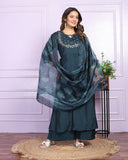 Cotton Russian Silk Navy Blue Silk Kurti Pant Set
