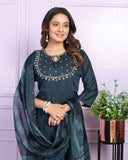 Cotton Russian Silk Navy Blue Silk Kurti Pant Set